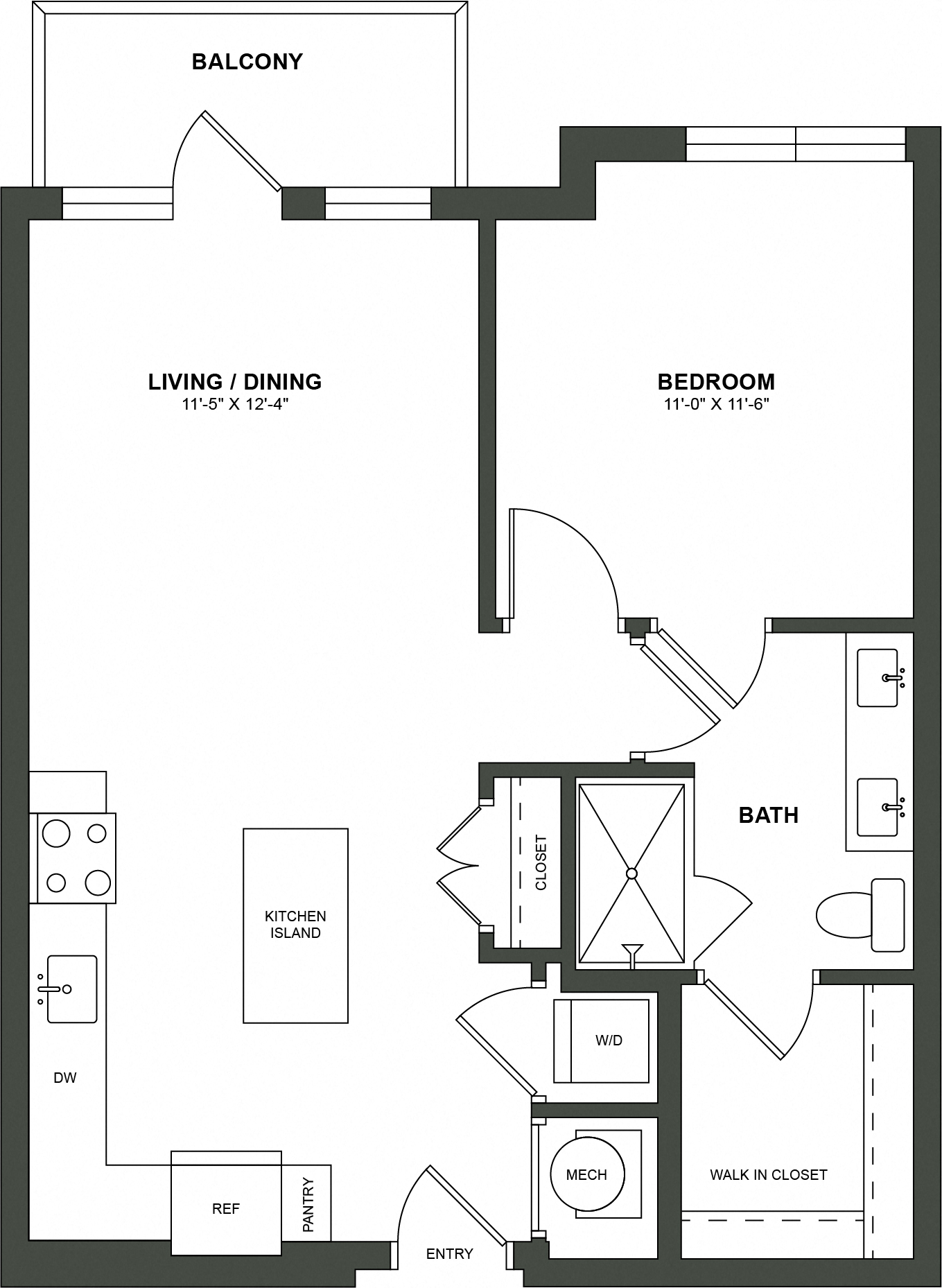 Floor plan for 1 bed, 1 bath, 764 sqft